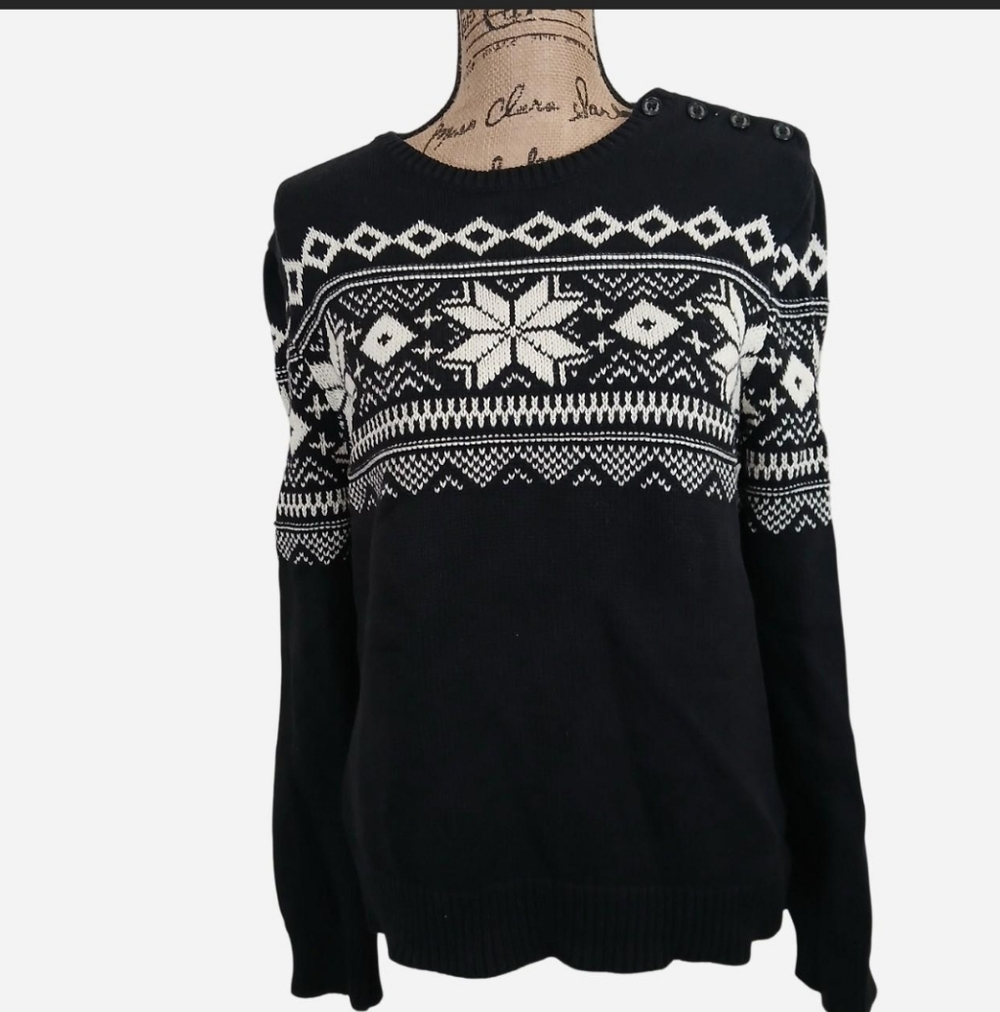 CHAPS Black And White Fair Isle Crew Neck Sweater Button Detail Medium